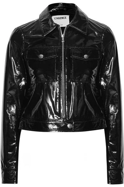 Shop L Agence Lex Cropped Textured Patent-leather Jacket In Black