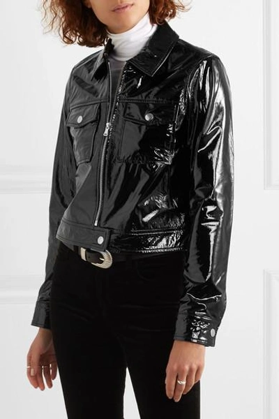 Shop L Agence Lex Cropped Textured Patent-leather Jacket In Black