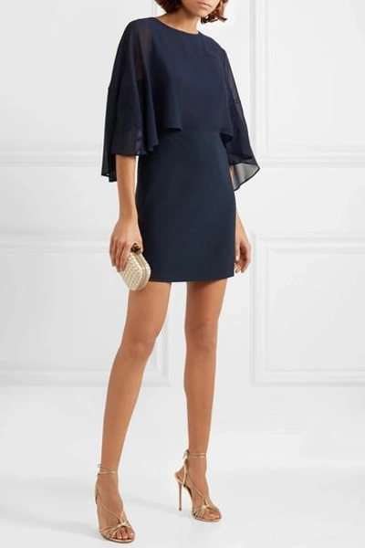 Shop Halston Heritage Embroidered Cape-effect Crepe Dress In Navy