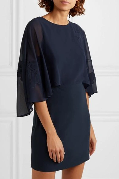 Shop Halston Heritage Embroidered Cape-effect Crepe Dress In Navy