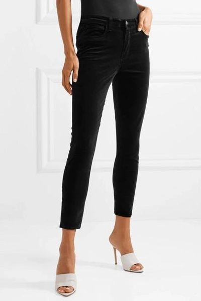 Shop L Agence Margot Cropped High-rise Stretch-velvet Skinny Jeans In Black