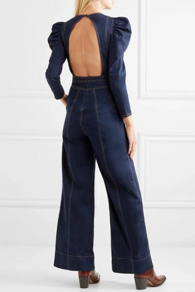 Shop Ulla Johnson Dawn Open-back Stretch-denim Jumpsuit In Dark Denim