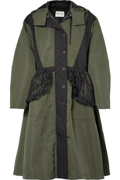 Shop Sandy Liang Turner Hooded Ruffled Lace-paneled Shell Coat In Army Green