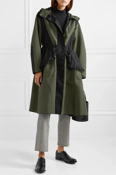 Shop Sandy Liang Turner Hooded Ruffled Lace-paneled Shell Coat In Army Green