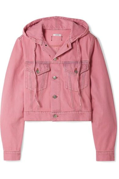Shop Ganni Hooded Cropped Denim Jacket In Pink