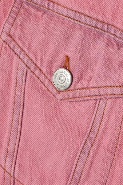 Shop Ganni Hooded Cropped Denim Jacket In Pink