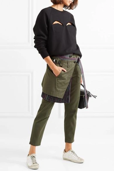 Shop Sacai Layered Cotton-twill And Wool Pants In Army Green