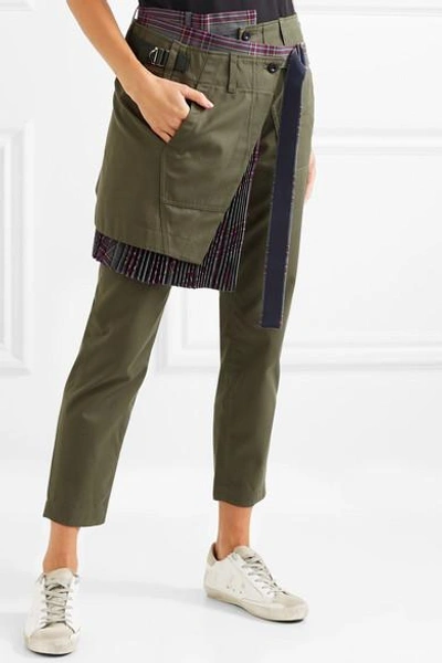 Shop Sacai Layered Cotton-twill And Wool Pants In Army Green