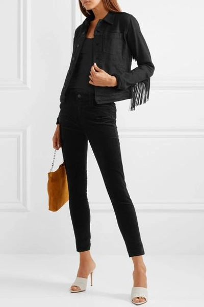 Shop L Agence Celine Fringed Denim Jacket In Black
