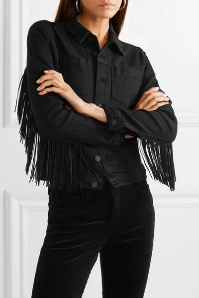 Shop L Agence Celine Fringed Denim Jacket In Black