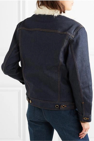 Shop Khaite Sherpa Cate Faux Shearling-trimmed Denim Jacket In Dark Denim