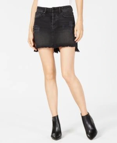 Shop Kendall + Kylie Ripped Ruffled-back Denim Skirt In Washed Black