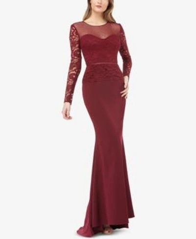 Shop Js Collections Illusion Lace-sleeve Gown In Cabernet