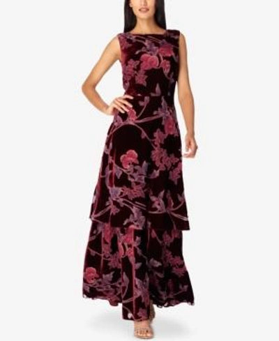 Shop Tahari Asl Layered Floral-print Velvet Gown In Bordeaux/plum