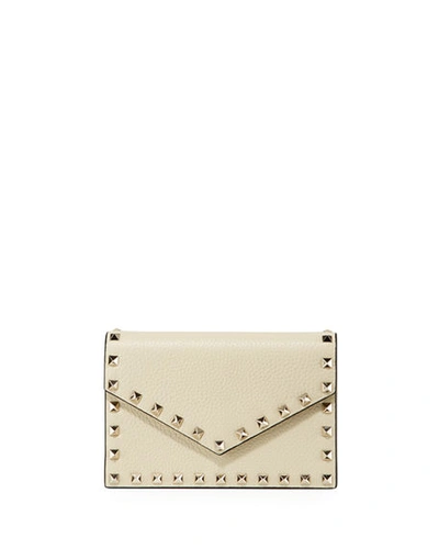 Shop Valentino Rockstud Small Leather Flap Wallet On A Chain In Ivory