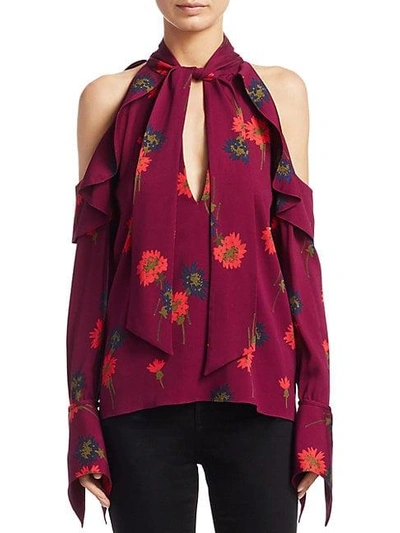 Shop Tanya Taylor Adrienne Floral-print Bell-sleeve Silk Top In Plum