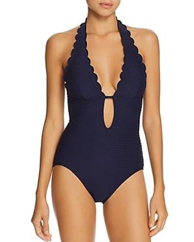 Shop Kate Spade New York Marina Piccola Textured Scallop Halter Plunge One Piece Swimsuit In French Navy