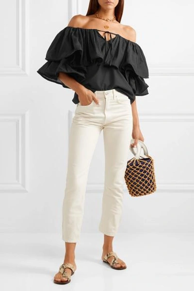 Shop Rhode Blanca Off-the-shoulder Ruffled Cotton-voile Top In Black