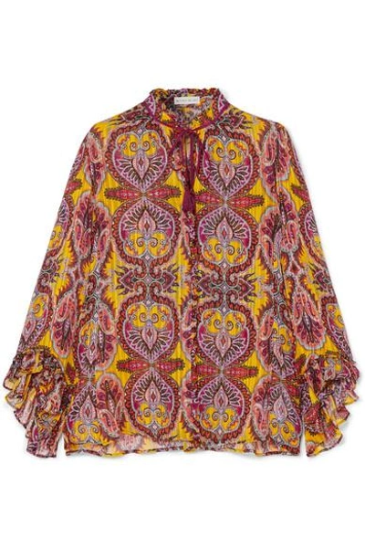 Shop Etro Ruffled Printed Silk-crepon Blouse In Yellow