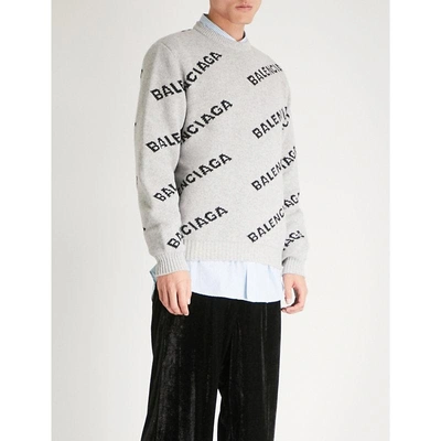 Shop Balenciaga Mens Grey And Black Logo-intarsia Wool-blend Jumper In Grey/black