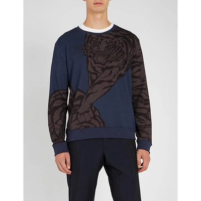 Shop Valentino Tiger-print Cotton-jersey Sweatshirt In Navy Grey