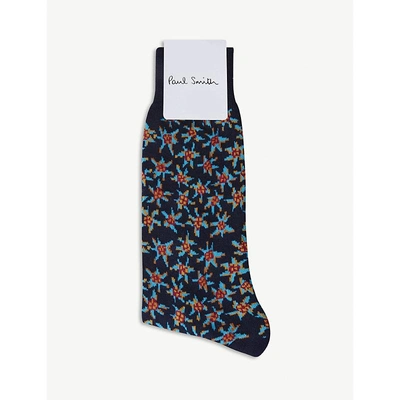 Shop Paul Smith Micro-flower Cotton-blend Socks In Blue Multi