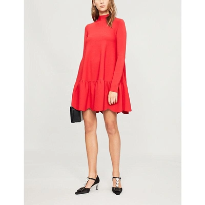 Shop Valentino Scalloped-hem Stretch-jersey Mini Dress In Rosso