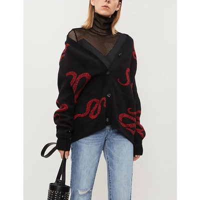 Shop Amiri Snake-motif Cashmere And Wool-blend Cardigan In Black