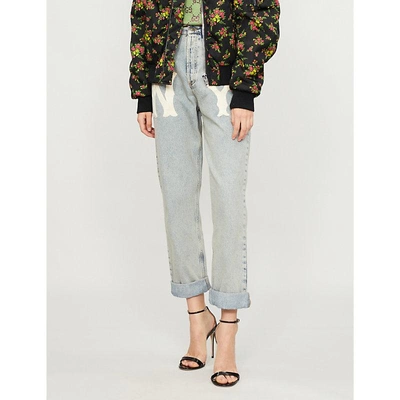 Shop Gucci Ny Yankees™ Patch Mid-rise Relaxed-fit Jeans In Light Blue Multicolo
