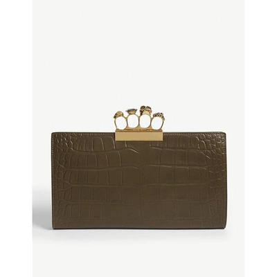 Shop Alexander Mcqueen Croc-embossed Leather Clutch In Military