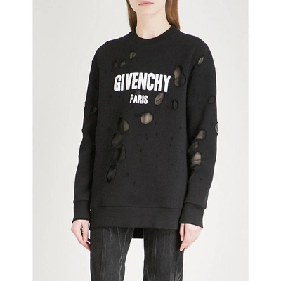 Shop Givenchy Distressed Logo-print Cotton-jersey Sweatshirt In Nero