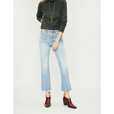 Shop Free People Floral-embroidered Straight High-rise Jeans In Blue