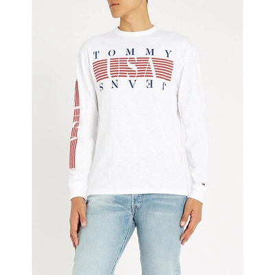 Shop Tommy Jeans Striped Logo-print Cotton Top In Classic White