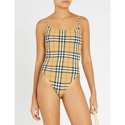 Shop Burberry Checked Scoop-neck Swimsuit In Camel