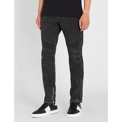 Shop Balmain Biker Distressed Slim-fit Skinny Jeans In Black