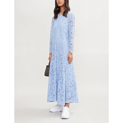 Shop Ganni Serenity Floral Stretch-lace Dress In Serenity Blue