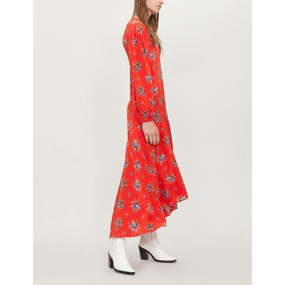 Shop Ganni Kochhar Floral-print Silk Midi Dress In Fiery Red