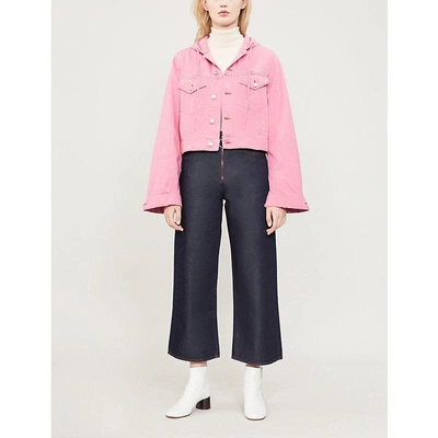 Shop Ganni Hooded Cropped Denim Jacket In Pink Overdye