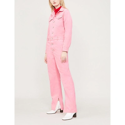 Shop Ganni Pocket-detail Denim Jumpsuit In Hot Pink