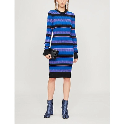 Shop Maison Margiela Striped Ribbed Wool-blend Dress In Blk Klein Blue Fuchsia
