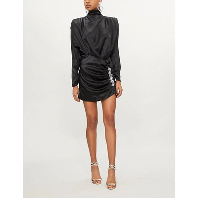 Shop Alessandra Rich Crystal-embellished Ruched Silk-satin Mini Dress In Black