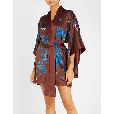 Shop Meng Floral-print Silk-satin Kimono In Brown