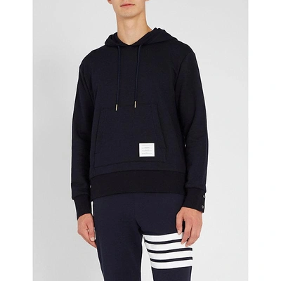 Shop Thom Browne Striped Long-sleeved Cotton-jersey Hoody In Navy