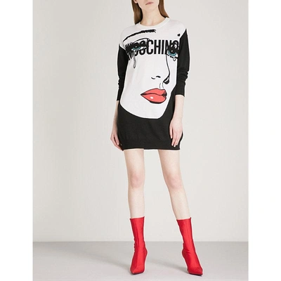 Shop Moschino Pop Art-embroidered Wool Mini Dress In Black Multicolour