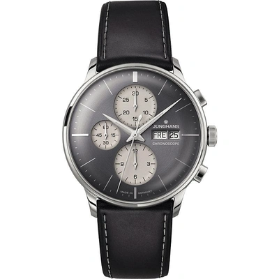 Shop Junghans 027/4525.01 Meister Chronoscope Stainless Steel And Leather Watch In Grey