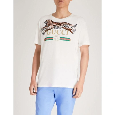 Shop Gucci Leopard-embroidered Logo-print Cotton-jersey T-shirt In White