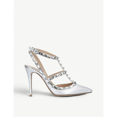 Shop Valentino Rockstud 100 Metallic-leather Courts In Silver