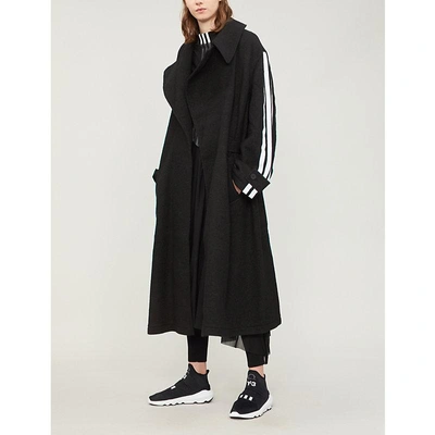 Shop Y-3 Side-stripe Wool Coat In Black