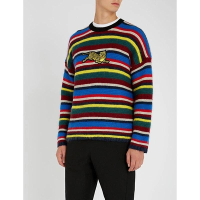 Shop Kenzo Flying Tiger Embroidered Striped Wool-blend Jumper In Multicolor