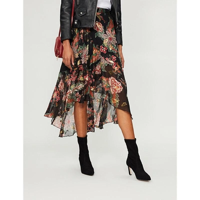 Shop The Kooples Floral-print Silk-blend Skirt In Bla01